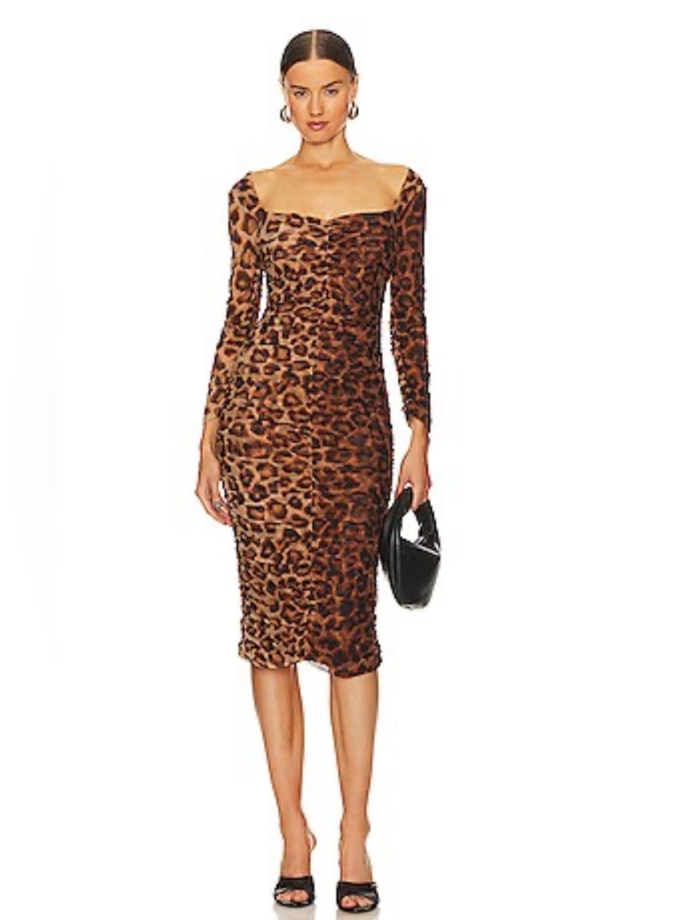 L’AGENCE Marise Leopard Print Ruched Mesh Midi Dress Size 6